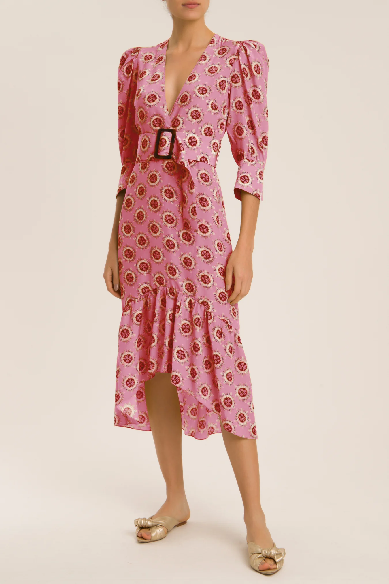 Exotic Passion Puff-Sleeved Silk Midi Dress With Belt