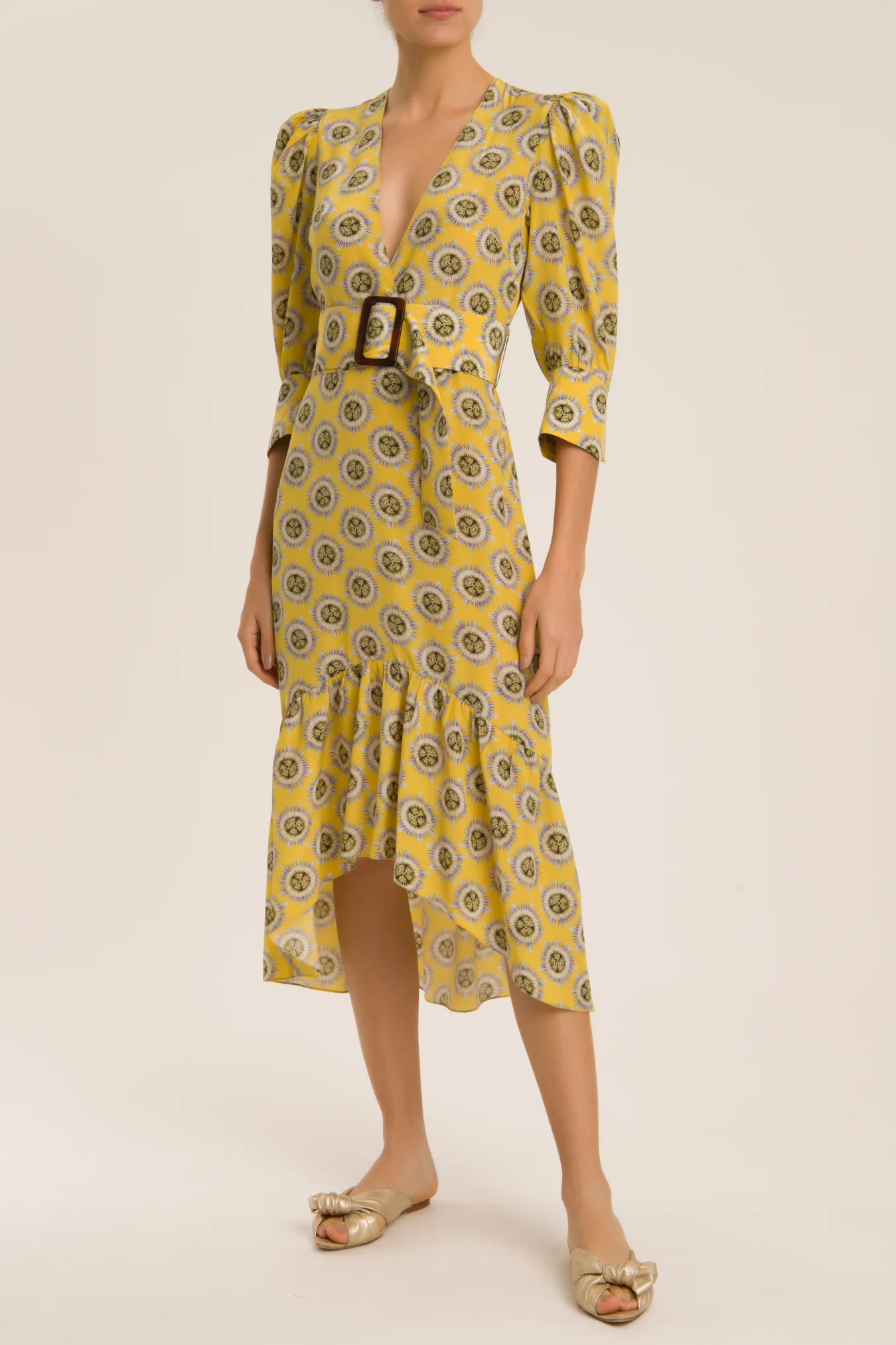Exotic Passion Puff-Sleeved Silk Midi Dress With Belt - Image 2
