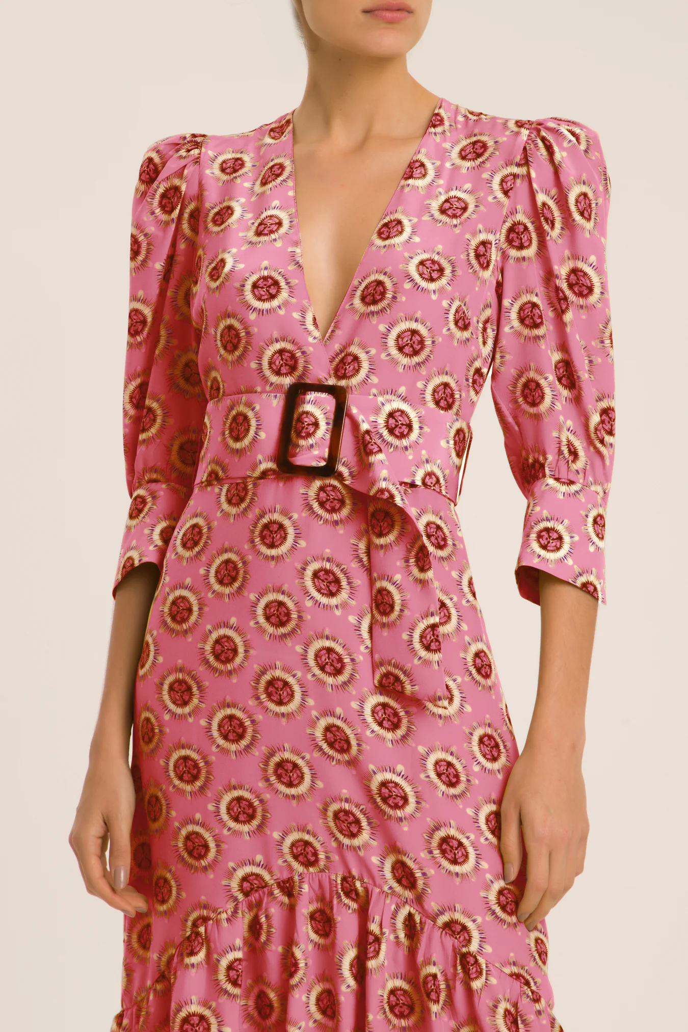 Exotic Passion Puff-Sleeved Silk Midi Dress With Belt - Image 5