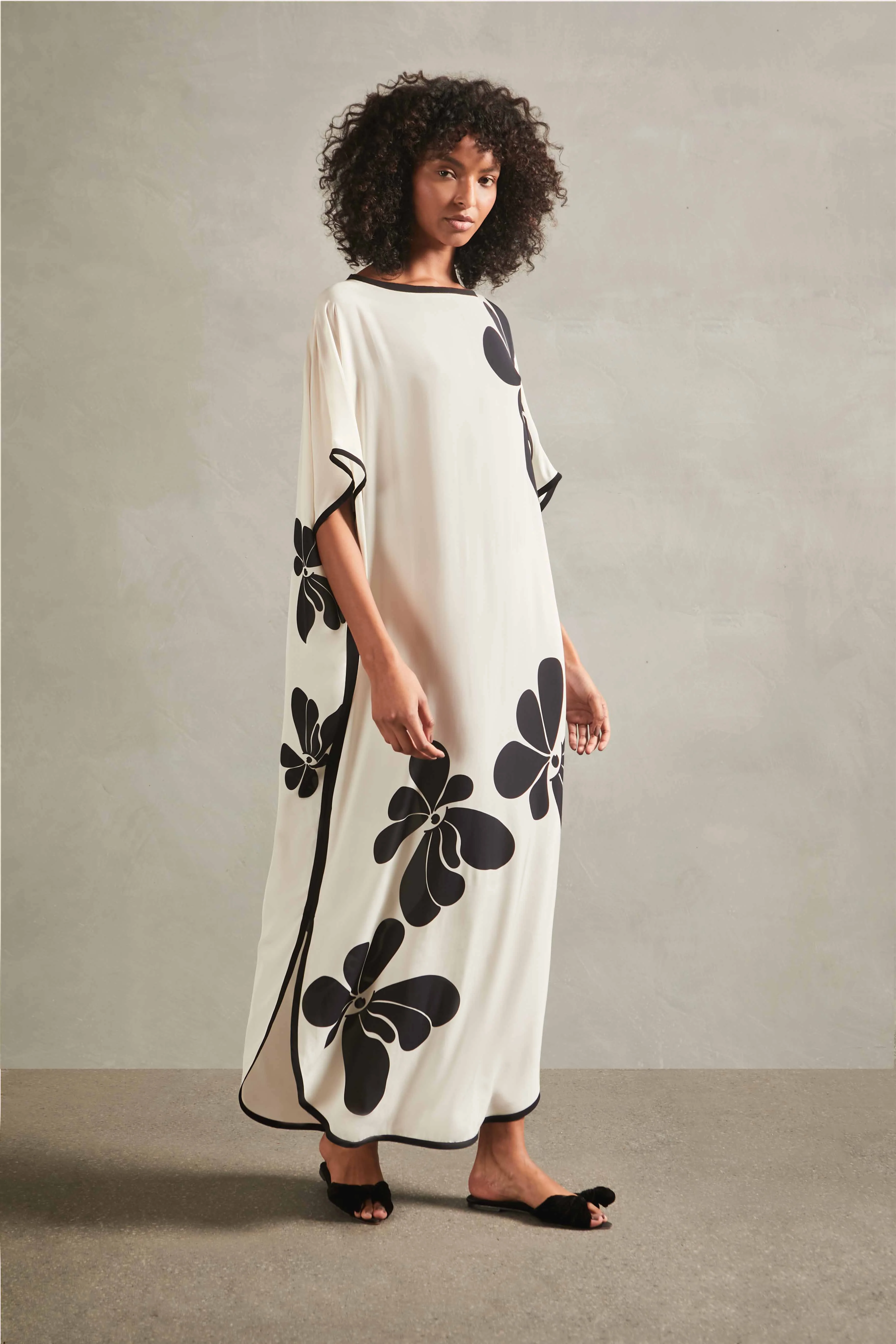 Floral Off-White and Black Long Kaftan Dress