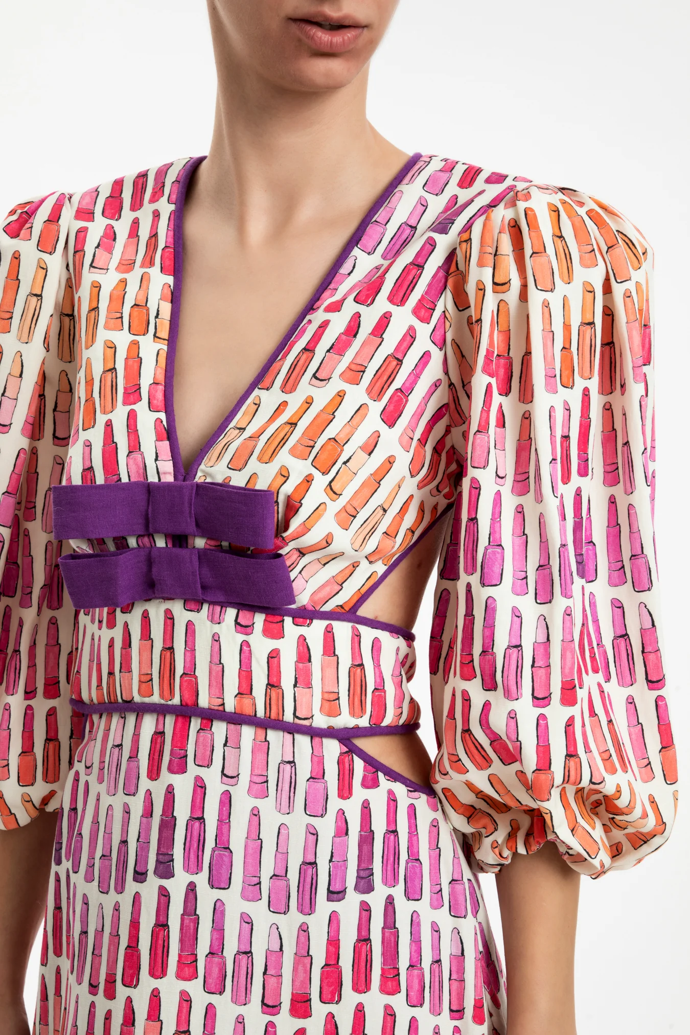 Lipstick Puff-Sleeved Long Dress With Bows - Image 3