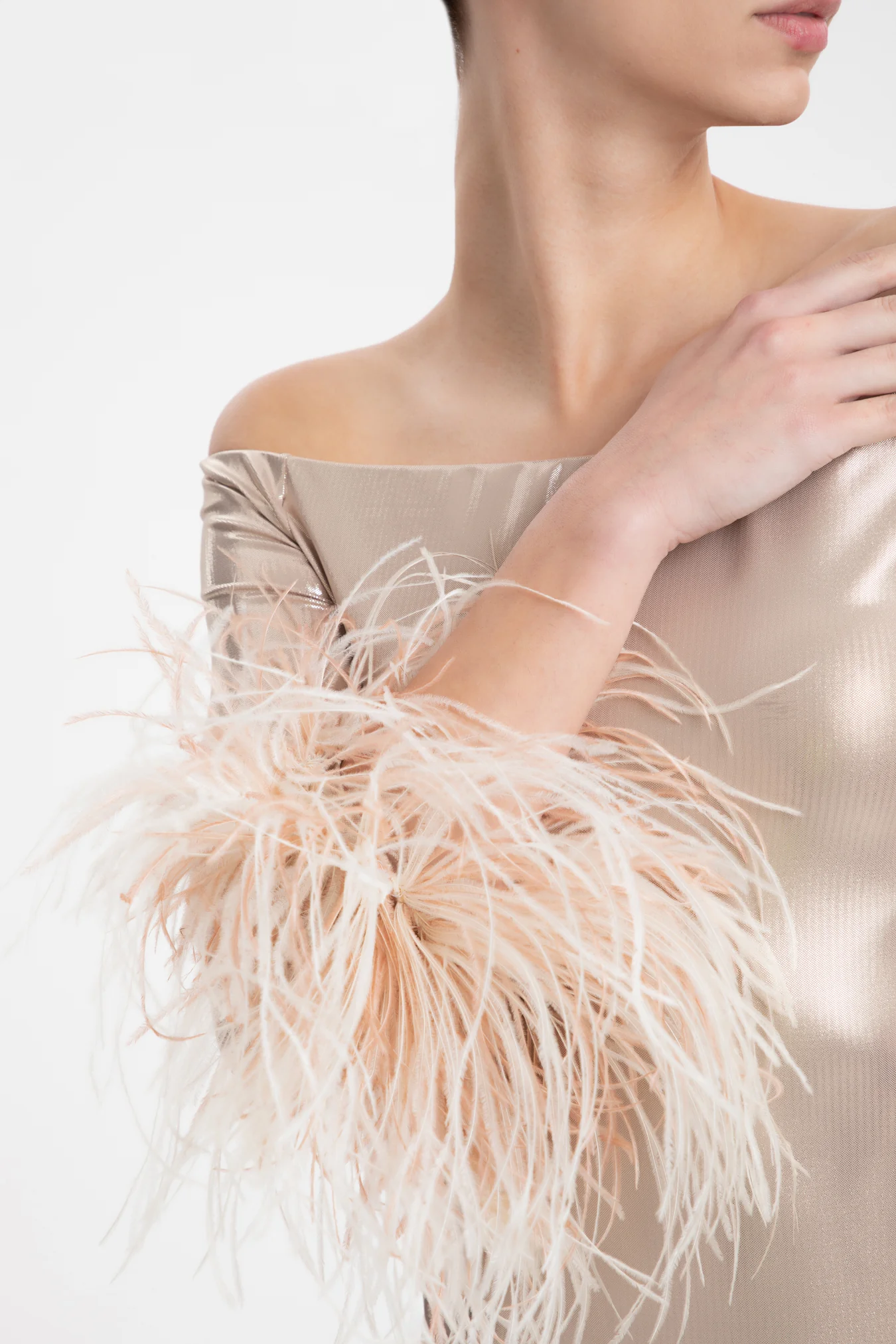Metallic Off-The-Shoulder Short Dress With Feathers - Image 4