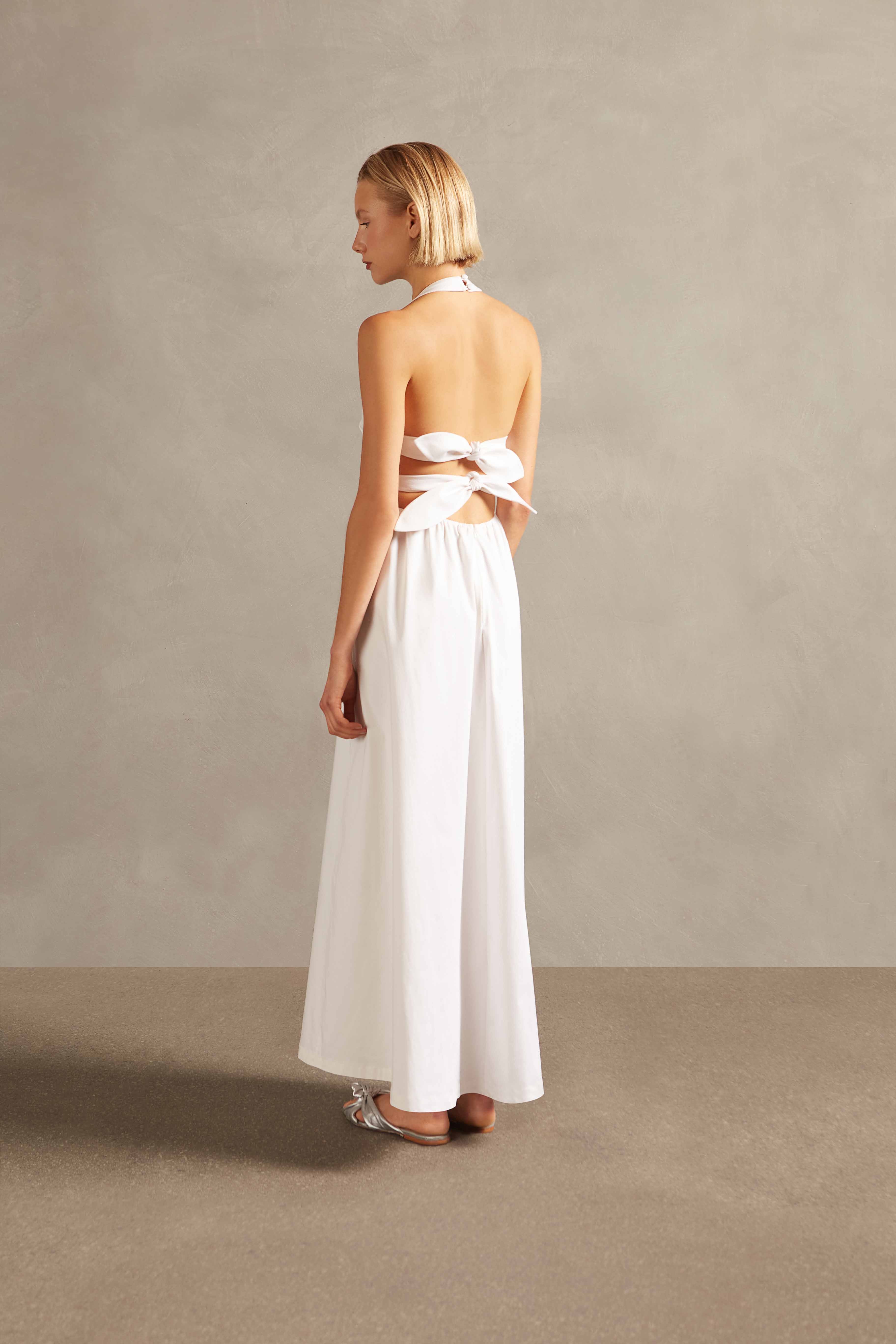 Off-White Solid Cotton Long Dress - Image 2
