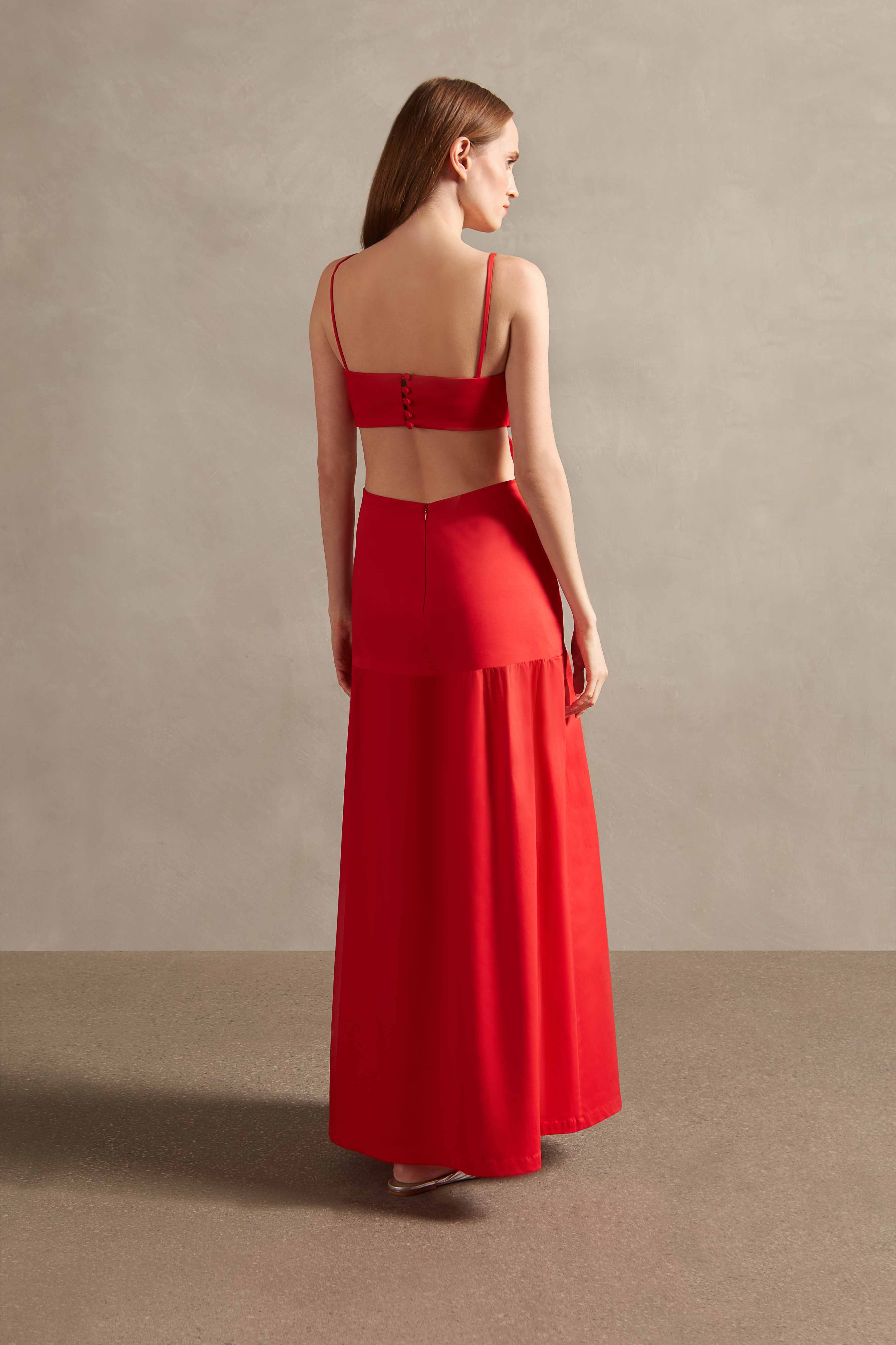 Red Solid Cotton Cut-Outs Long Dress - Image 2