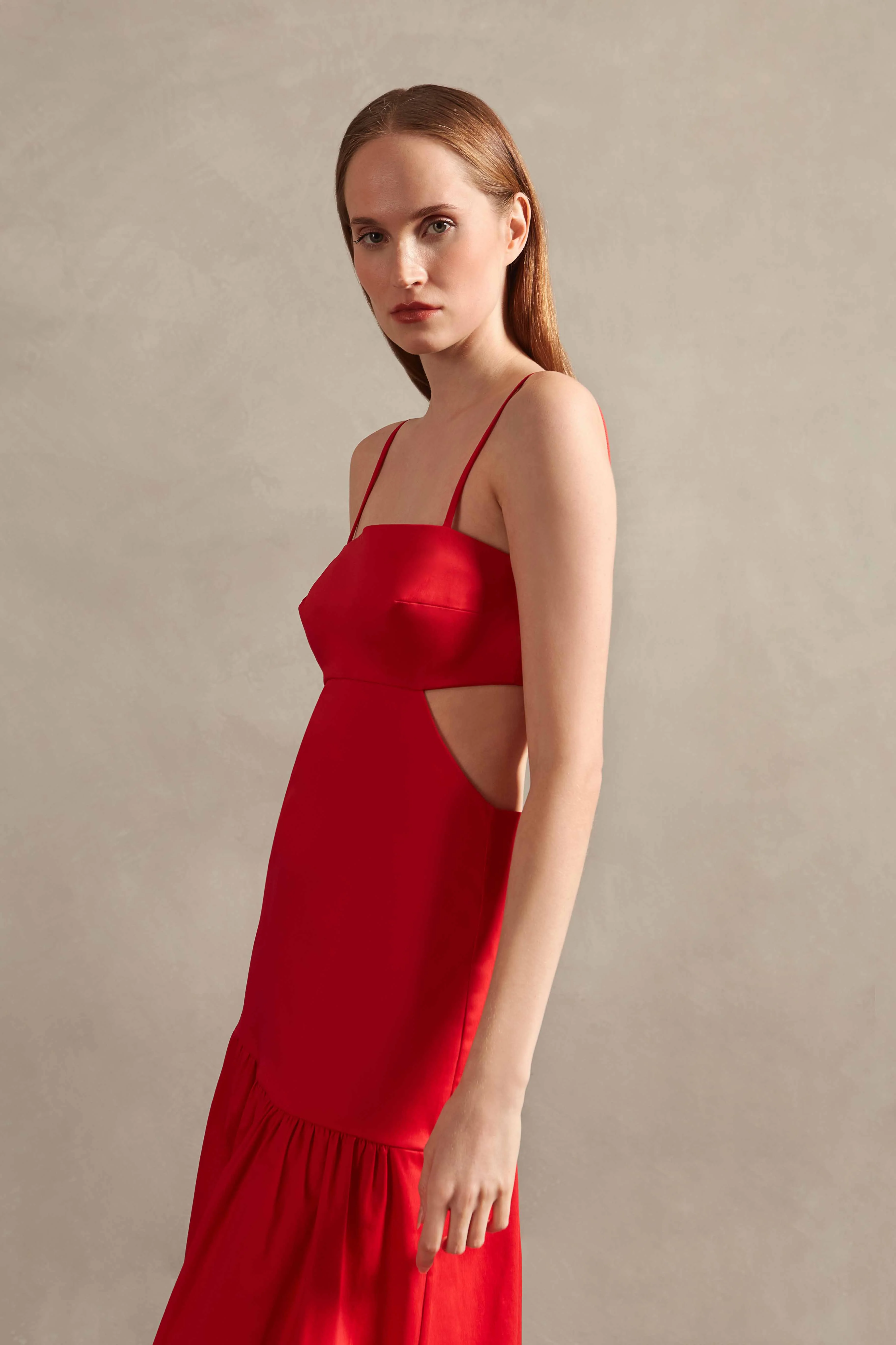 Red Solid Cotton Cut-Outs Long Dress - Image 3