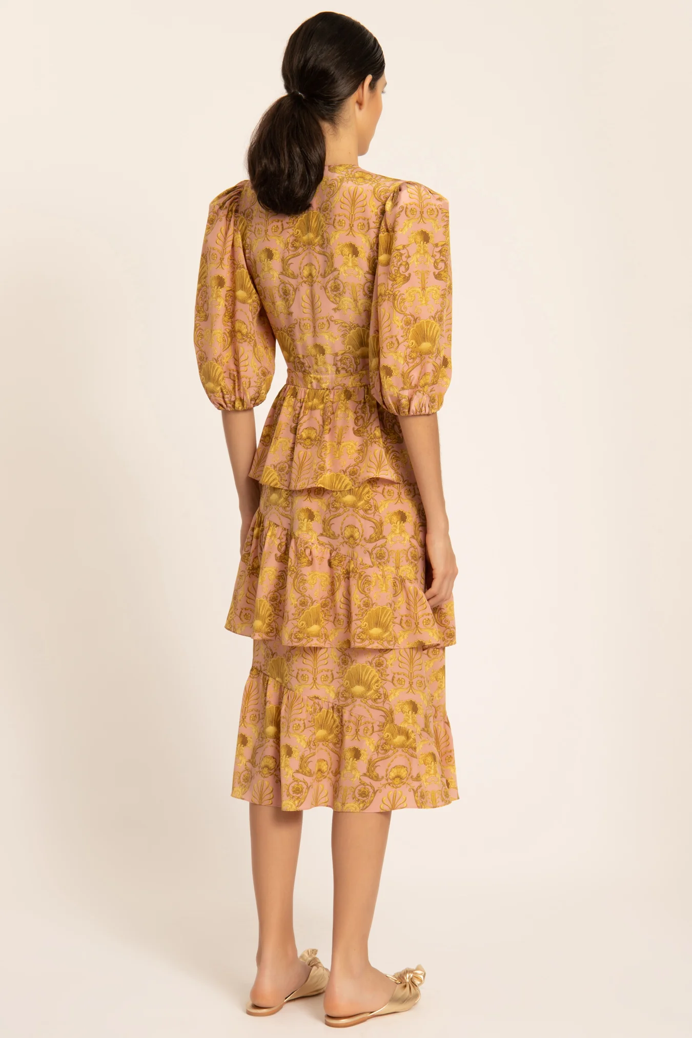 Seashell Puff-sleeved Ruffled Midi Dress - Image 3