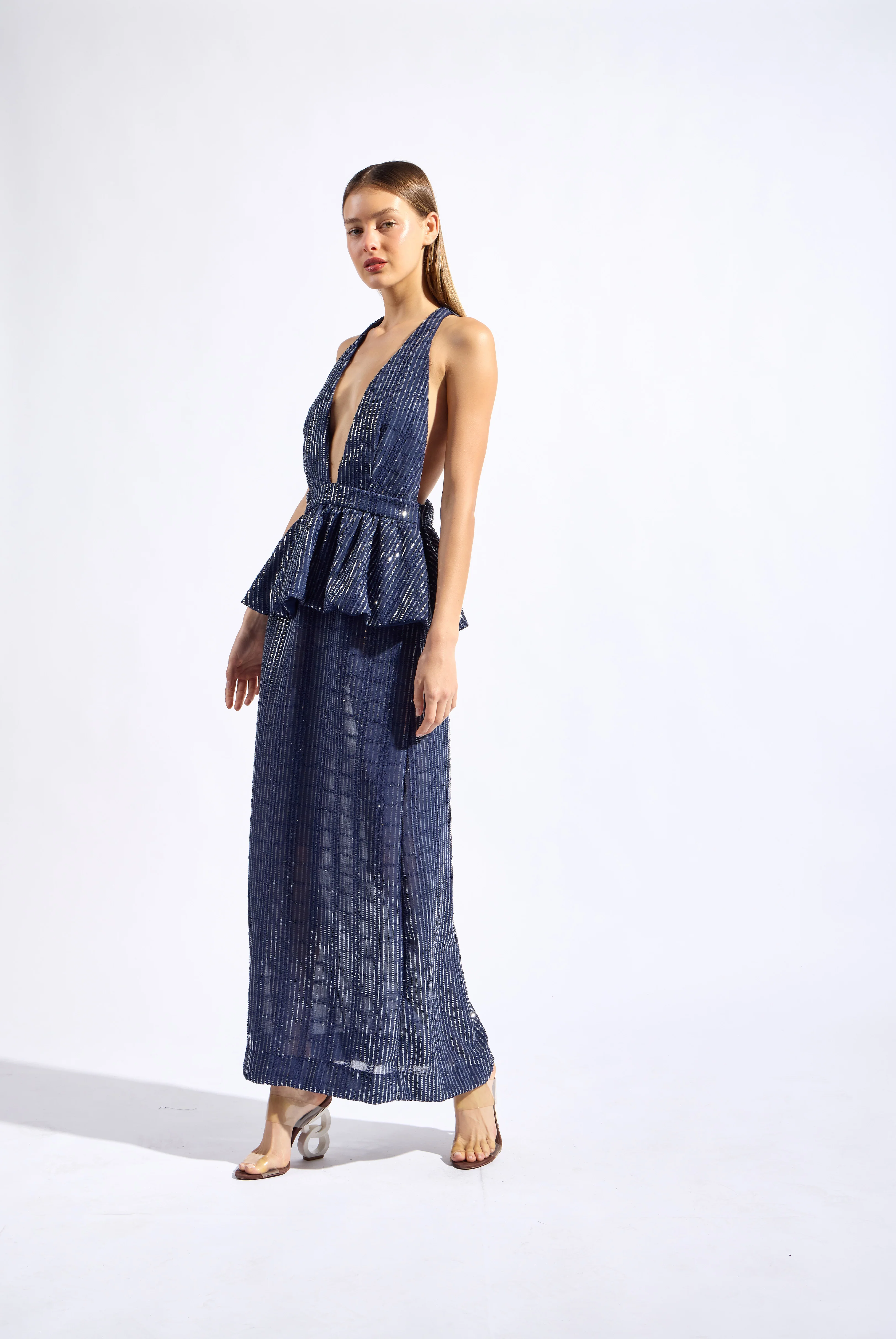 Sequin Deep V-Neck Peplum Maxi Dress - Image 4