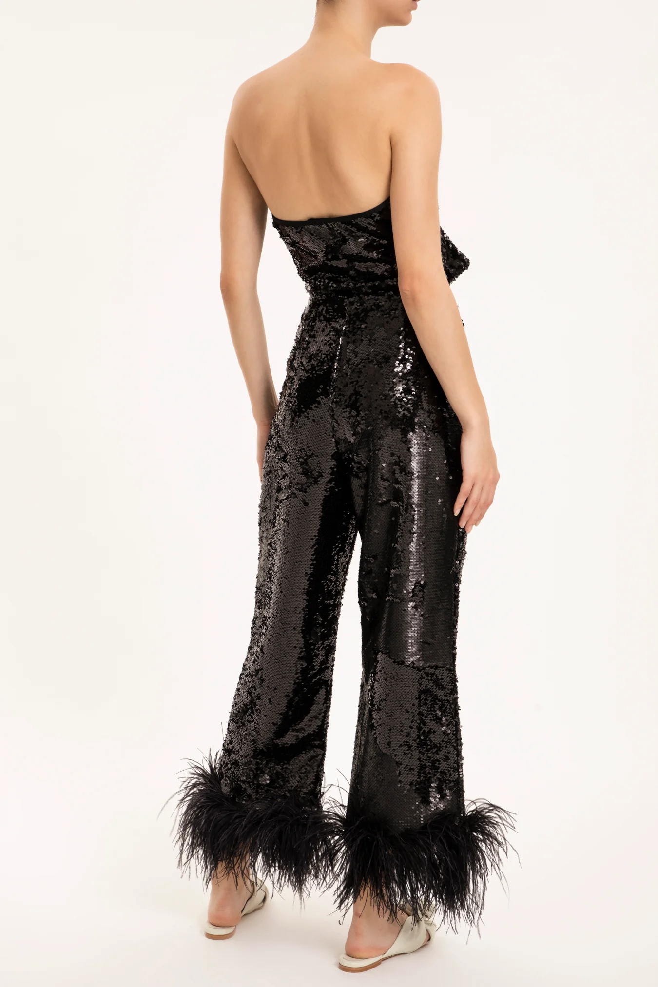 Sequins Wide-Leg Pants With Feathers - Image 3