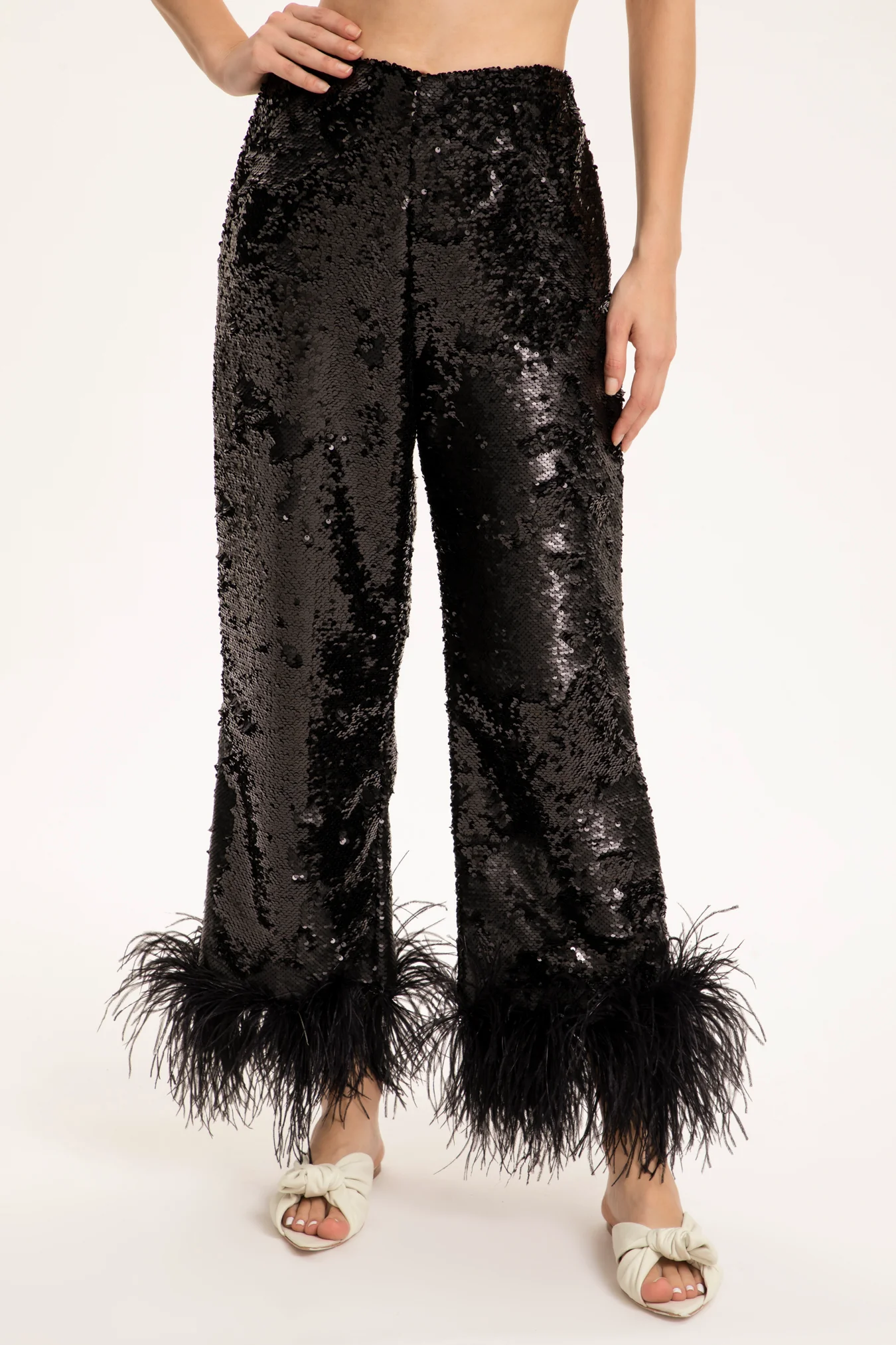 Sequins Wide-Leg Pants With Feathers - Image 5
