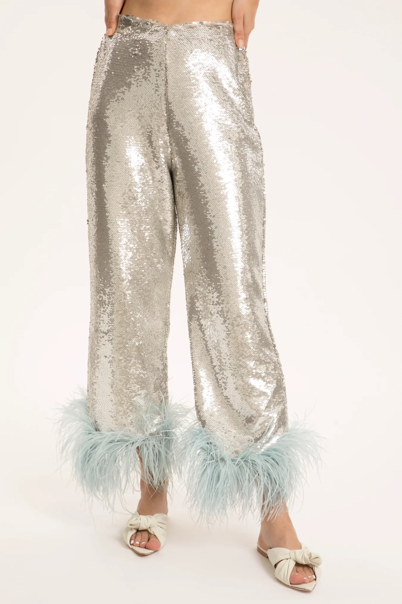 Sequins Wide-Leg Pants With Feathers - Image 6