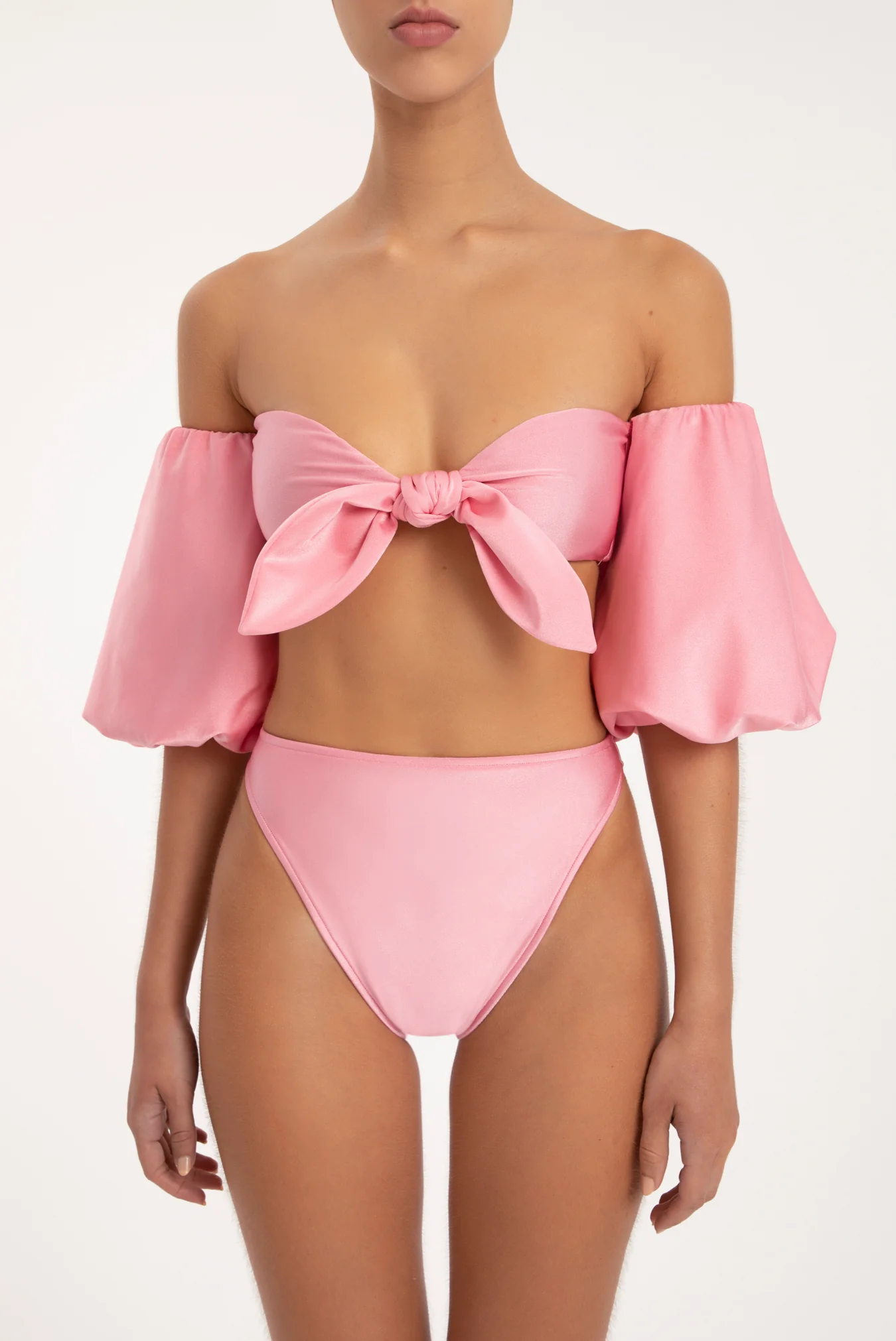 Solid Carre Vintage Puff-sleeved Bikini With Knot - Image 3