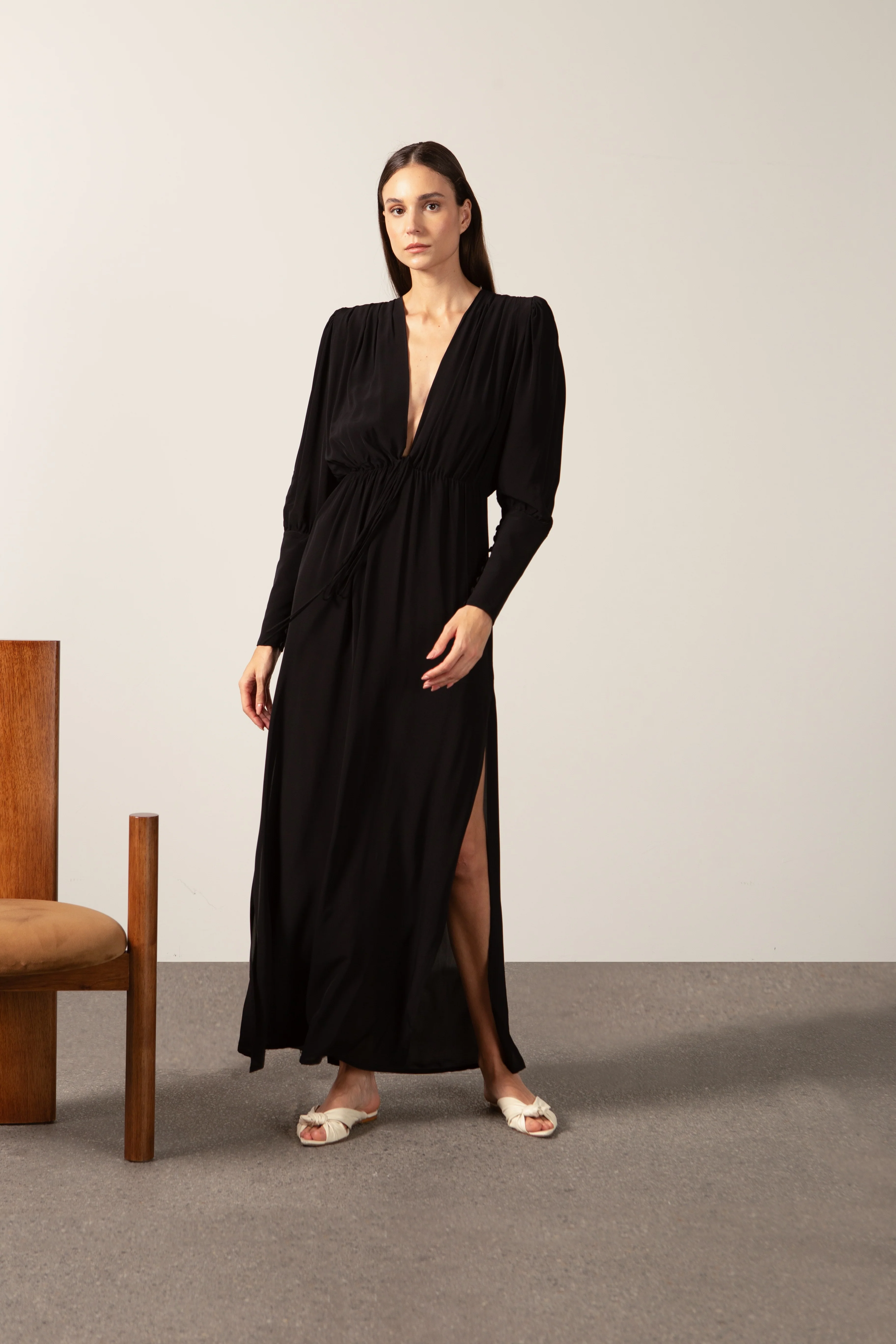 Solid Plunge-Neck Maxi Dress