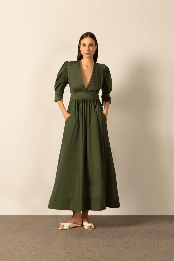 Solid Puff-Sleeved Long Dress