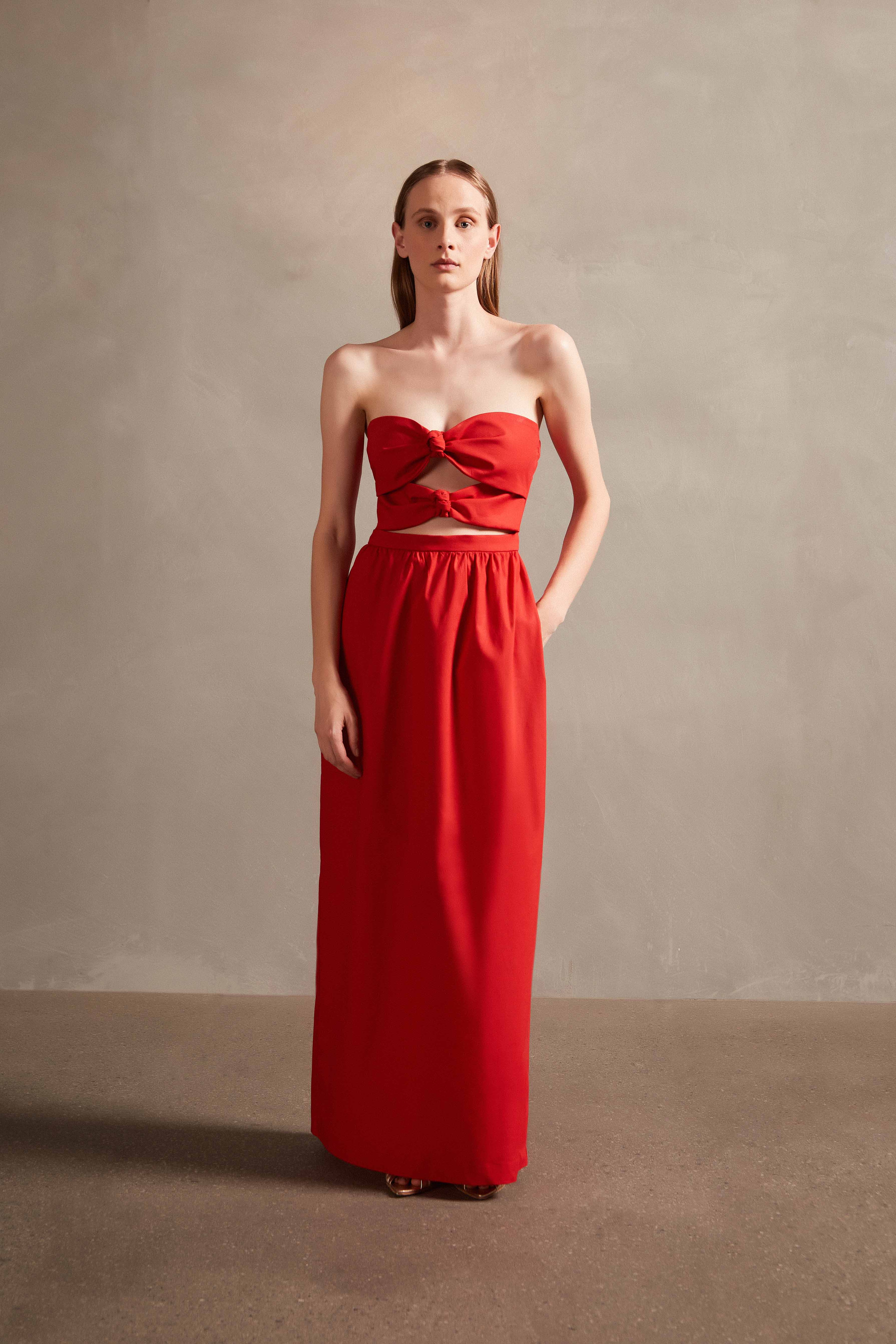 Solid Strapless Double-Knot Long Dress - Image 2