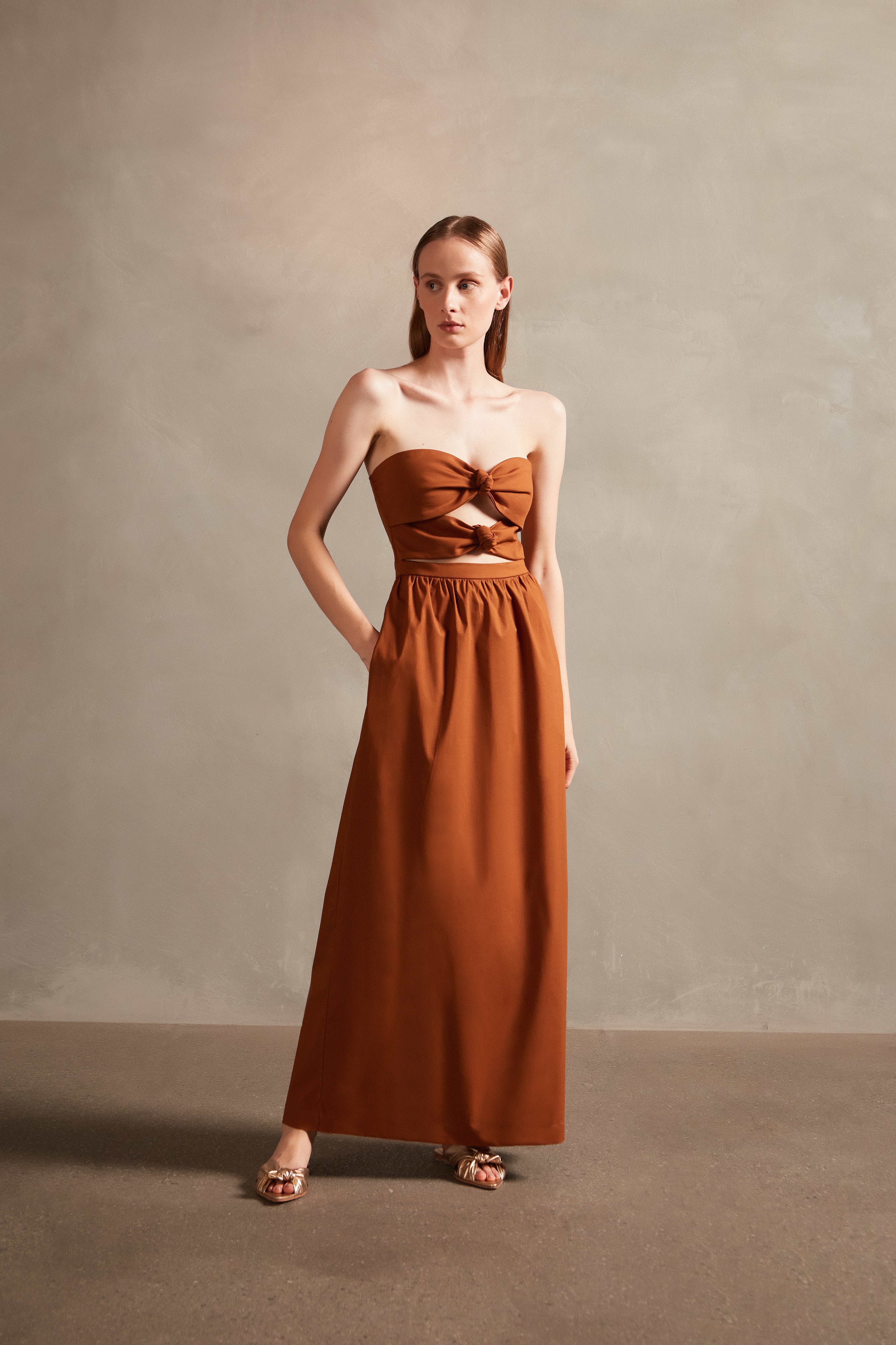Solid Strapless Double-Knot Long Dress - Image 3