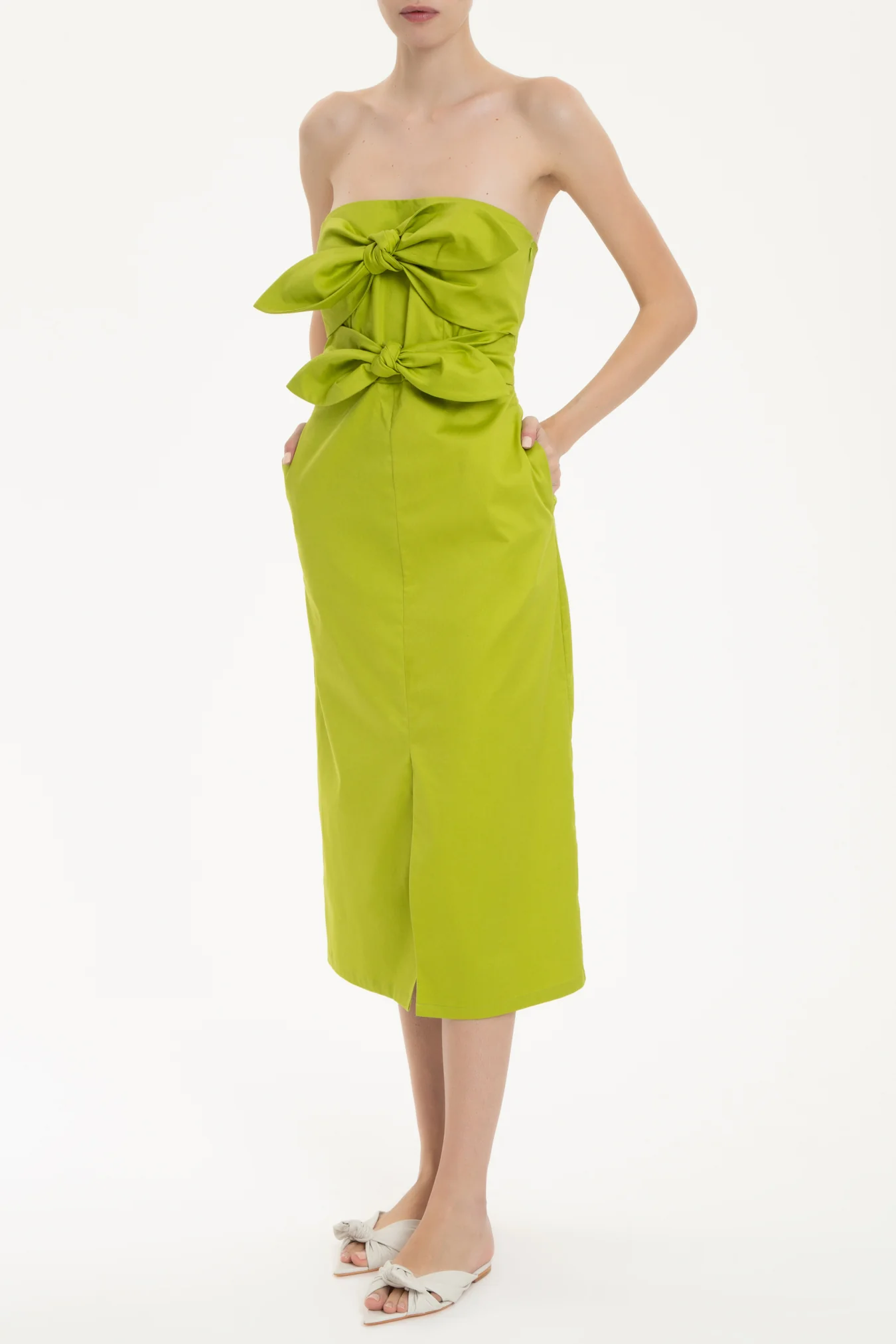 Solid Strapless Midi Dress With Double Knot - Image 4