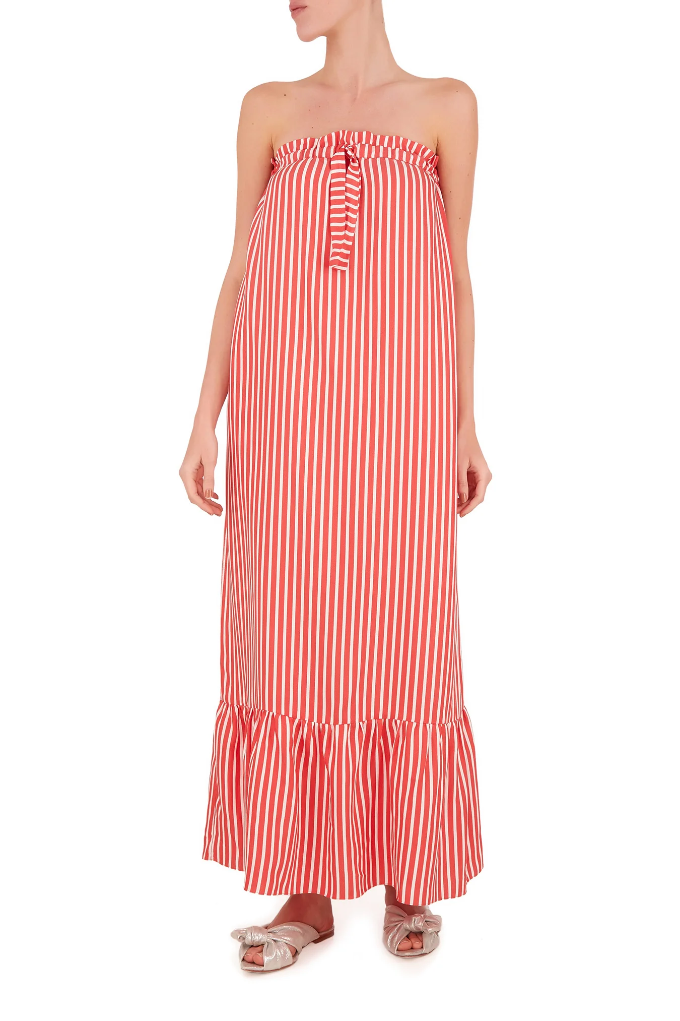 Striped Strapless Midi Dress With Ruffles - Image 3
