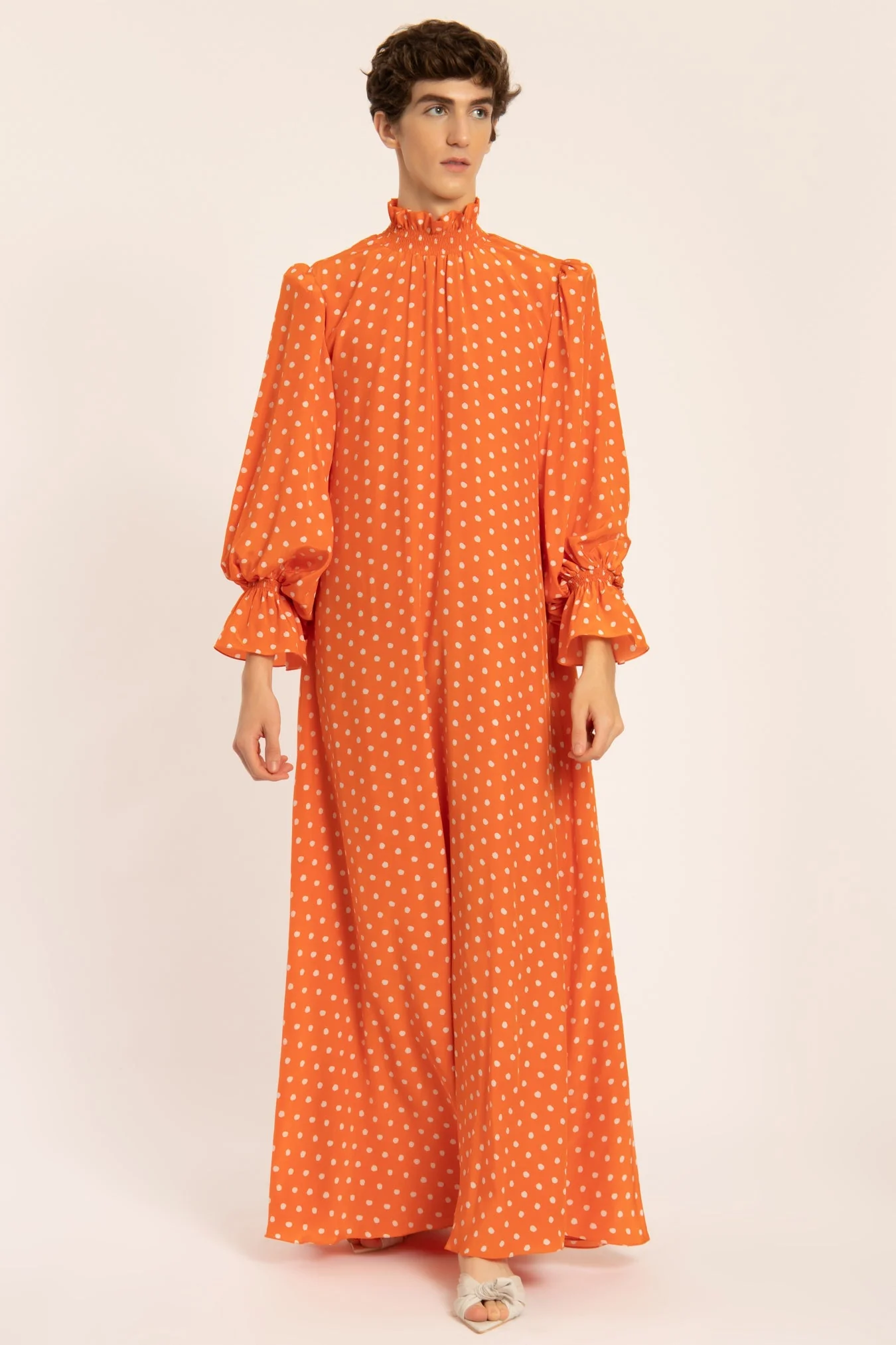 Tangerine Pois Lastex Detail Long Dress - Image 5