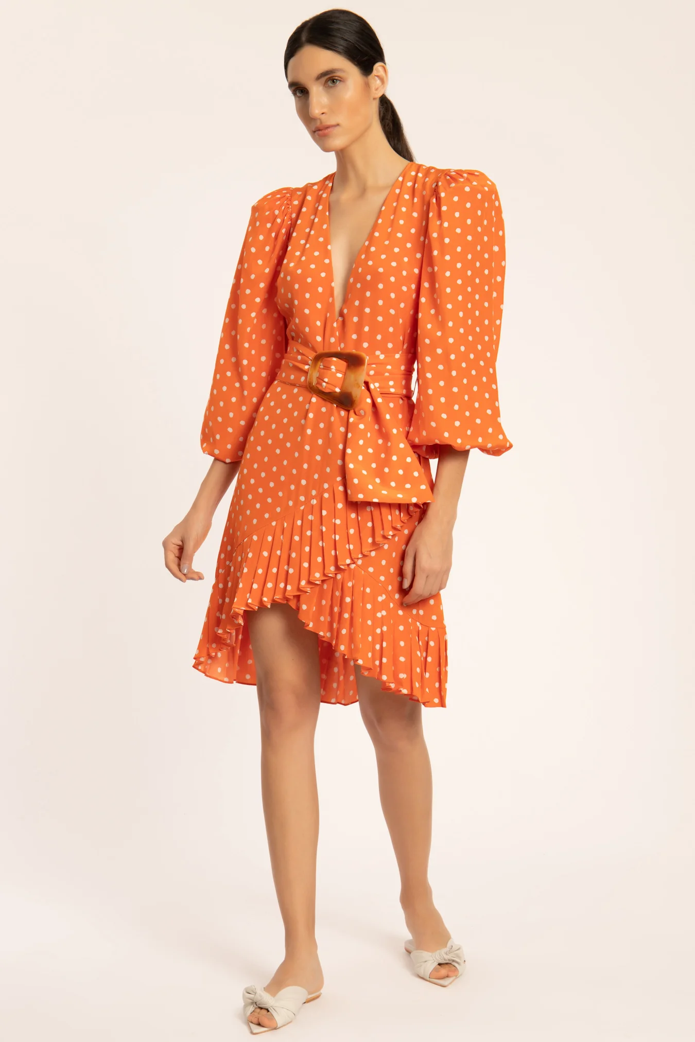Tangerine Pois Puff-sleeved Short Dress With Belt - Image 3