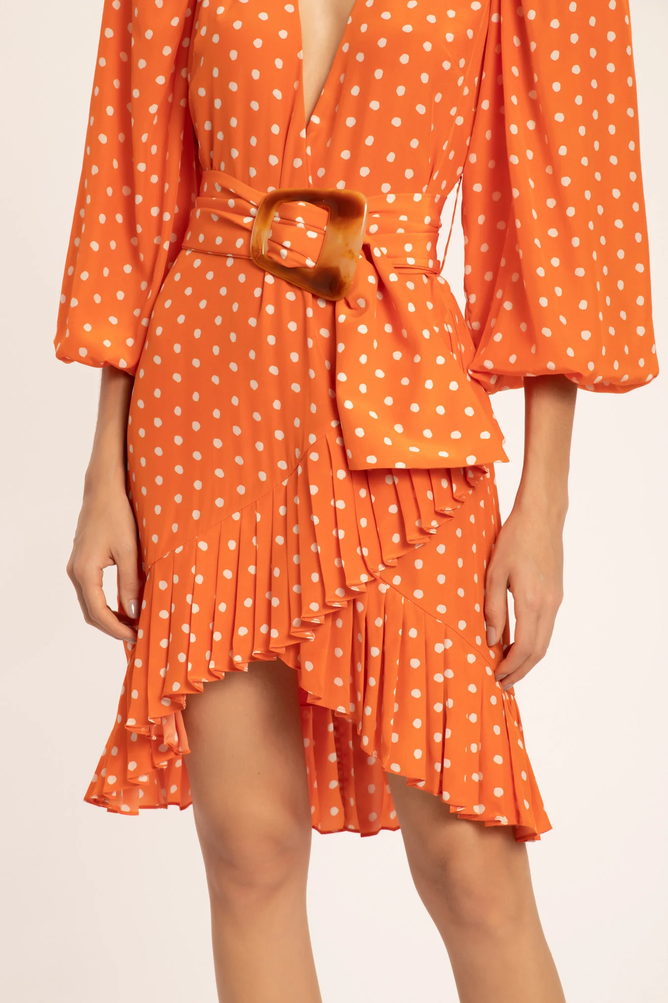 Tangerine Pois Puff-sleeved Short Dress With Belt - Image 4