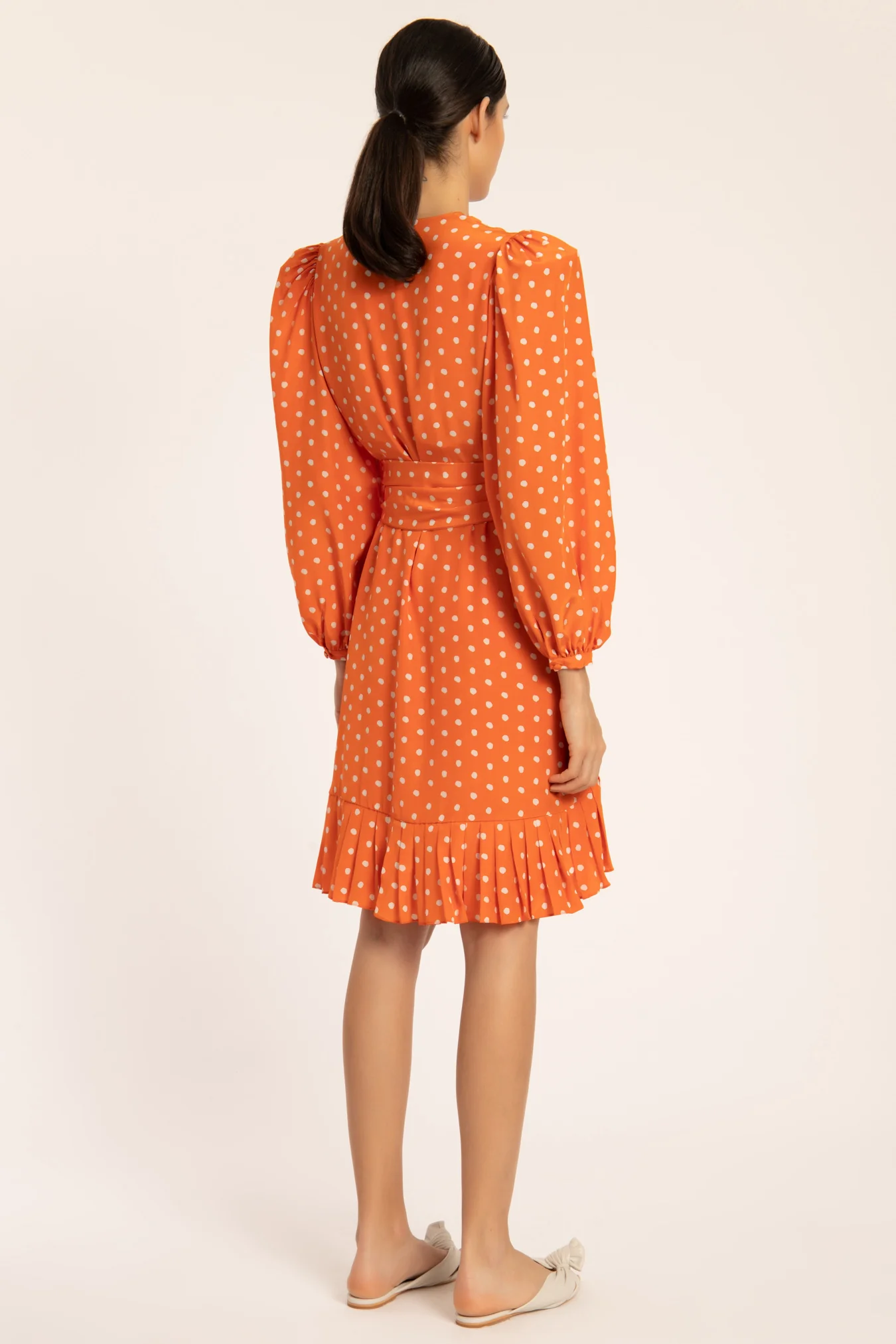 Tangerine Pois Puff-sleeved Short Dress With Belt - Image 5