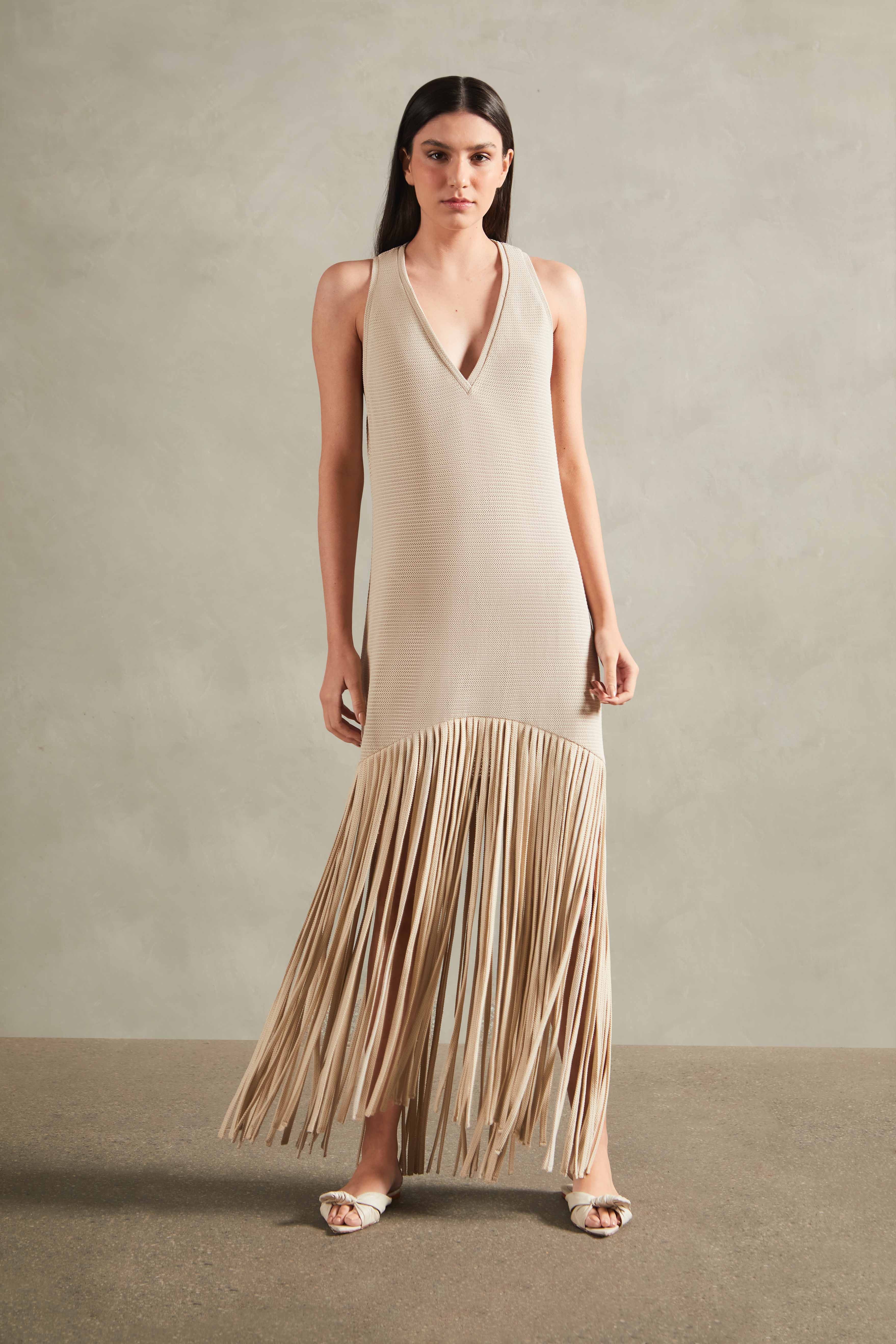 Tricot Knit Long Dress with Fringes - Image 2