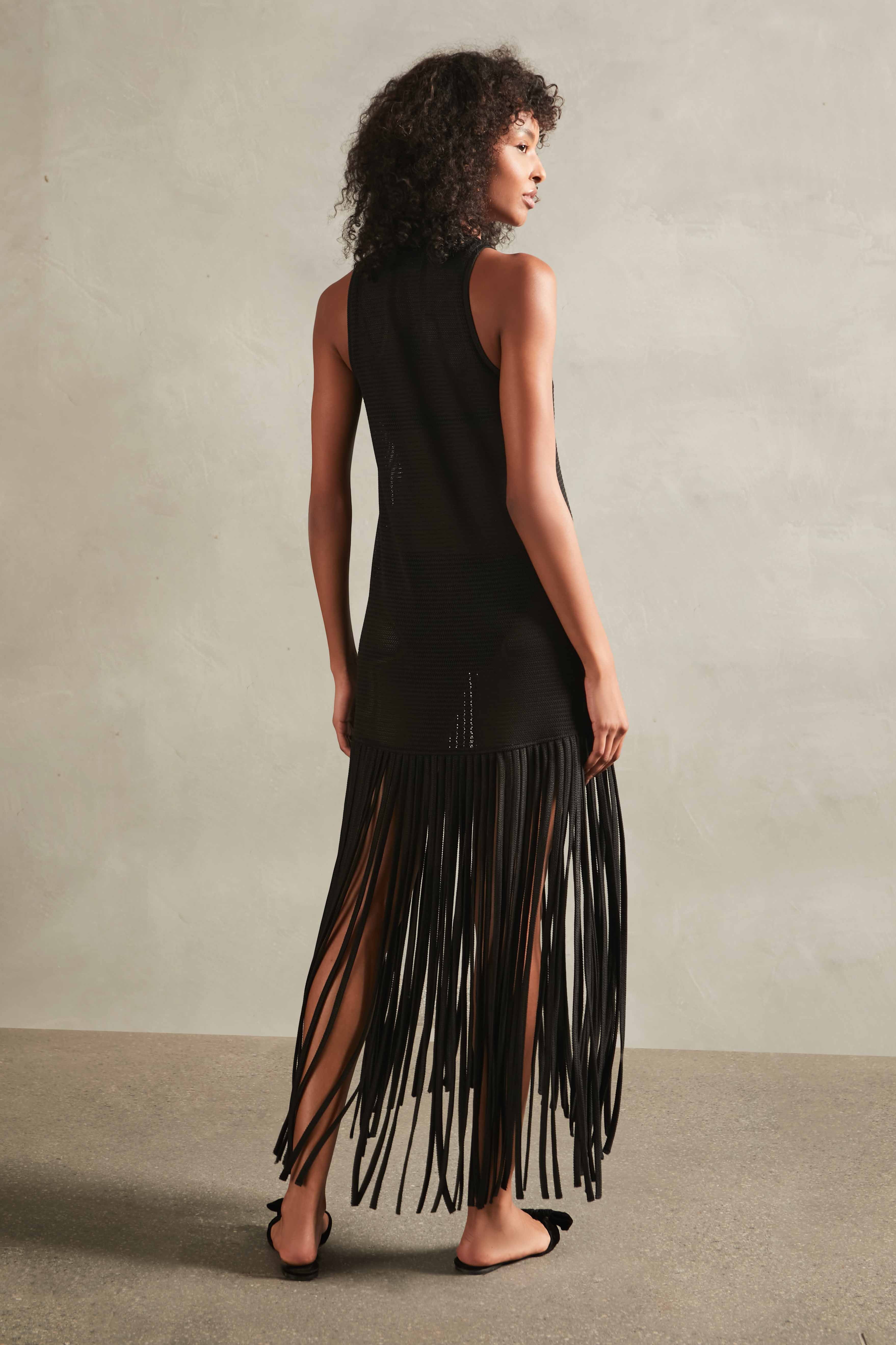 Tricot Knit Long Dress with Fringes - Image 3